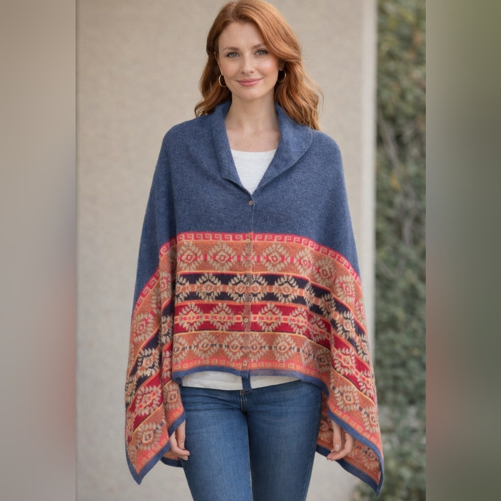 100% Alpaca Bolivia Mantilla Poncho Shawl Button Down Artisean Andes Wrap OS